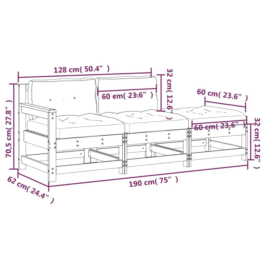 3 Piece Garden Lounge Set with Cushions Grey Solid Wood 825599