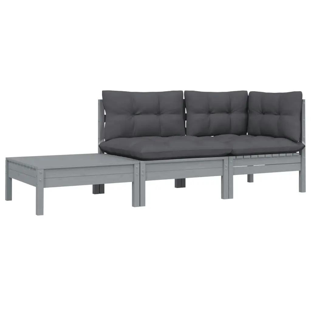 3 Piece Garden Lounge Set with Cushions Grey Solid Pinewood 806672