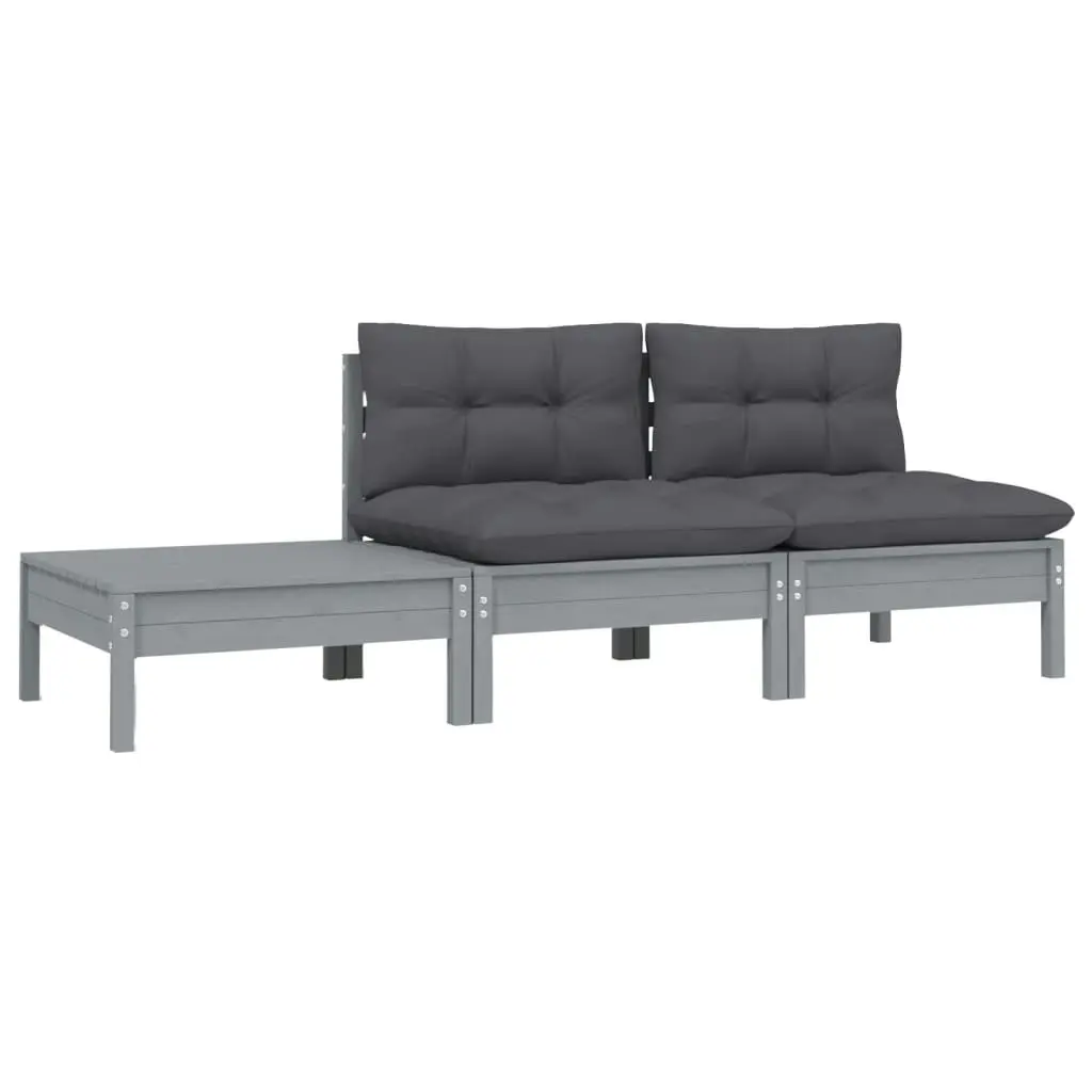 3 Piece Garden Lounge Set with Cushions Grey Solid Pinewood 806684