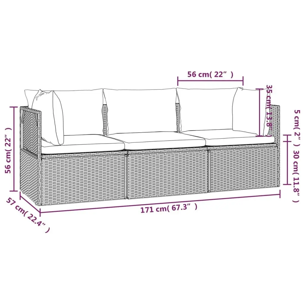 3 Piece Garden Lounge Set with Cushions Grey Poly Rattan 318679