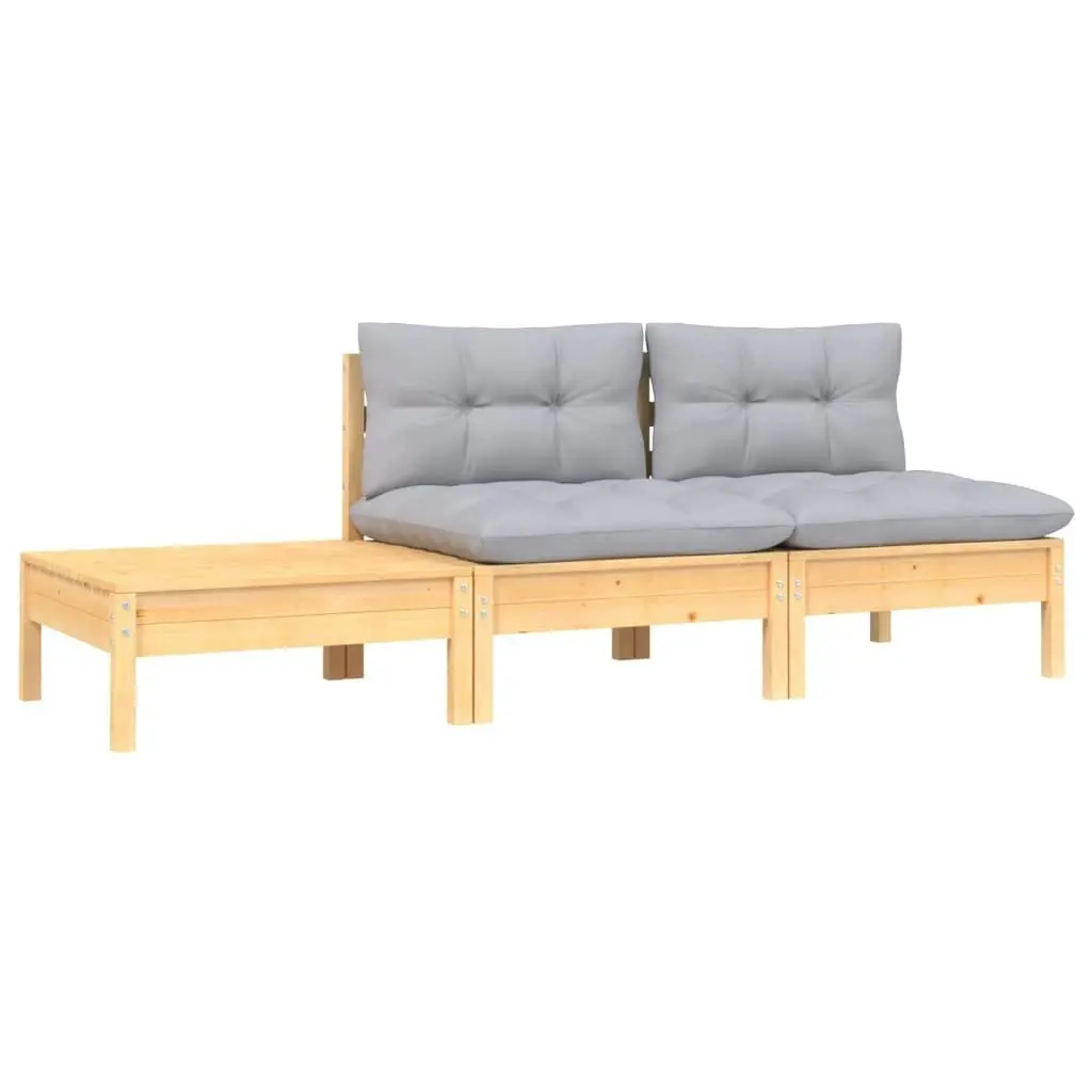 3 Piece Garden Lounge Set with Grey Cushions Solid Pinewood 806681