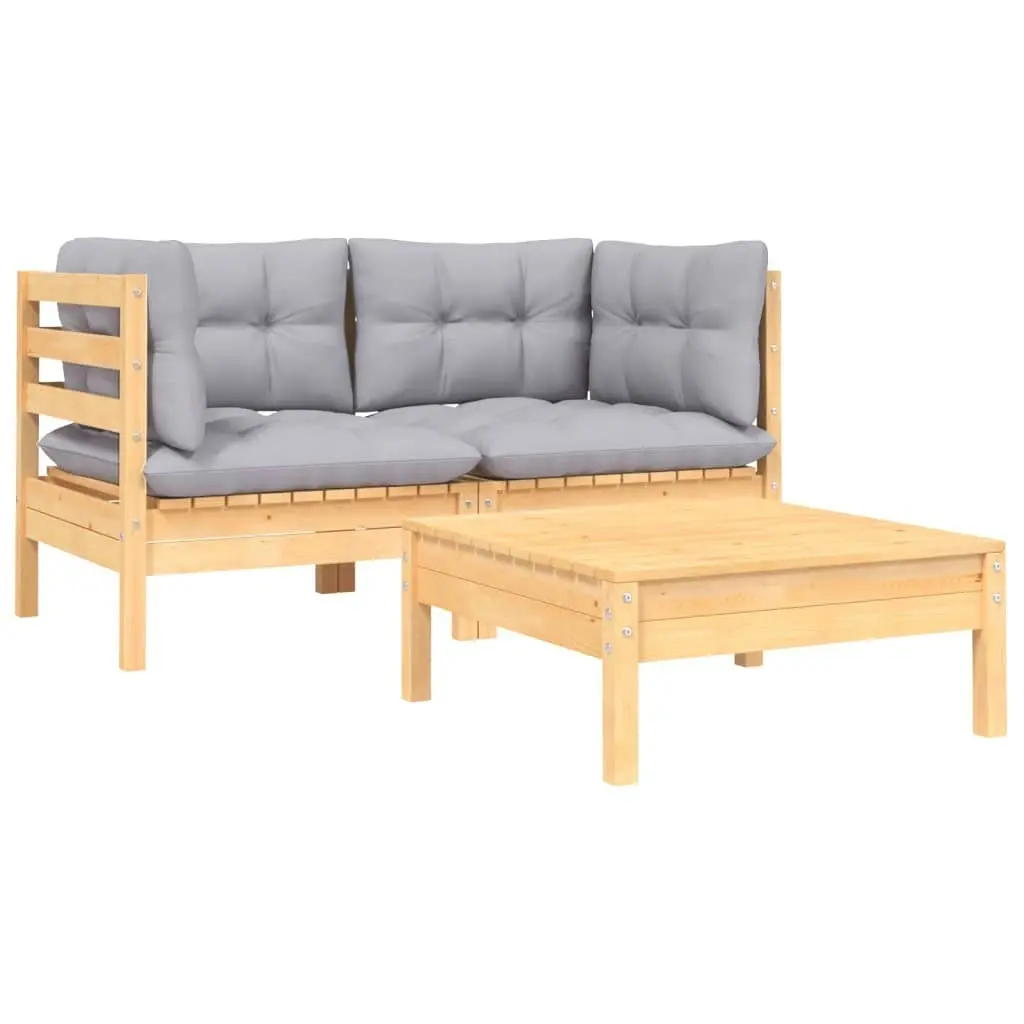 3 Piece Garden Lounge Set with Grey Cushions Solid Pinewood 806675