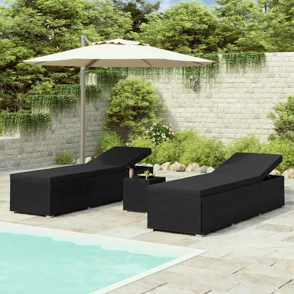 3 Piece Garden Sun Loungers with Tea Table Poly Rattan Black 3057666