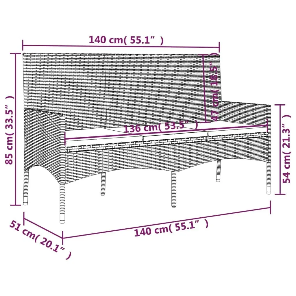 3-Seater Garden Bench with Cushions Black Poly Rattan 319492