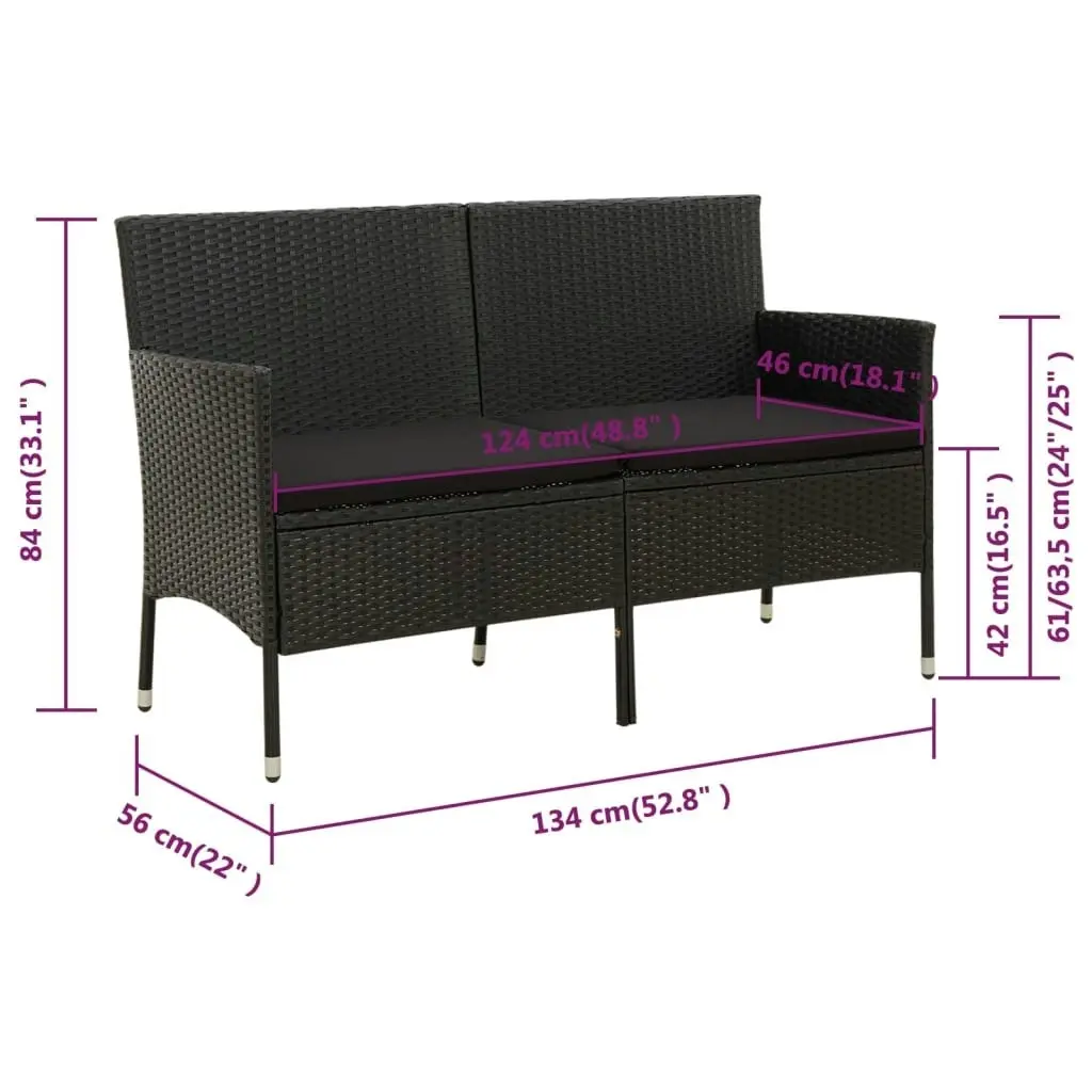 3-Seater Garden Sofa with Cushion Black Poly Rattan 318494