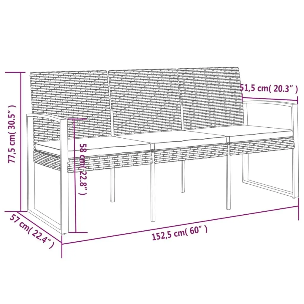 3-Seater Garden Bench with Cushions Black PP Rattan 360212