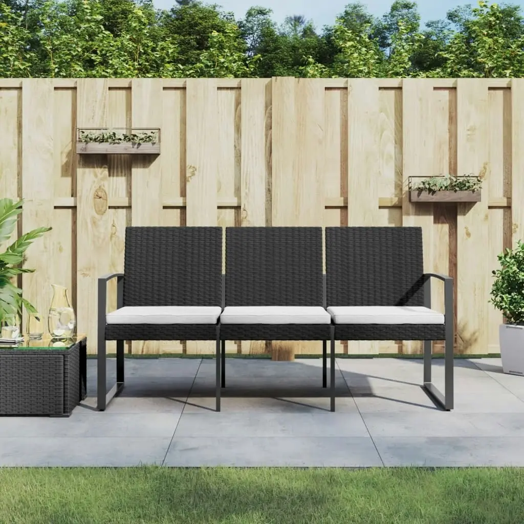 3-Seater Garden Bench with Cushions Black PP Rattan 360212