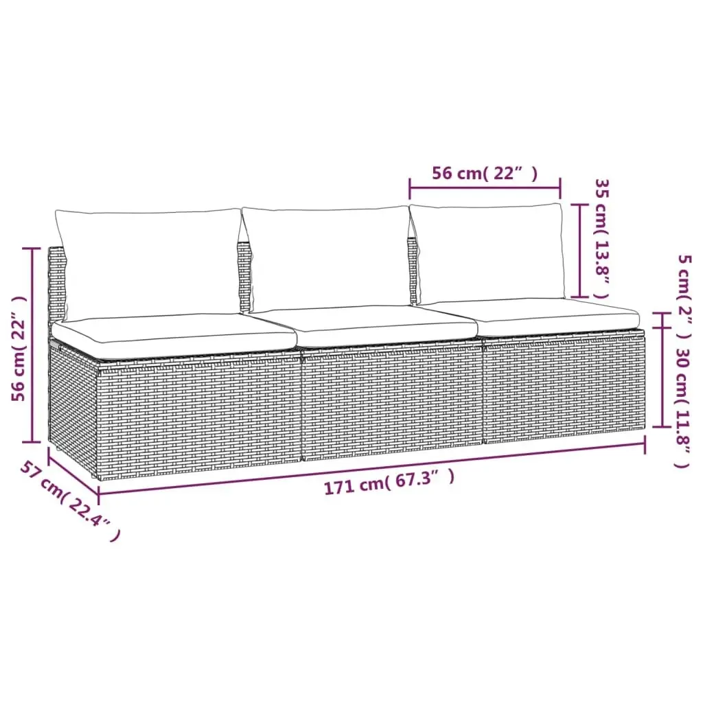 3-Seater Garden Sofa with Cushions Grey Poly Rattan 318672