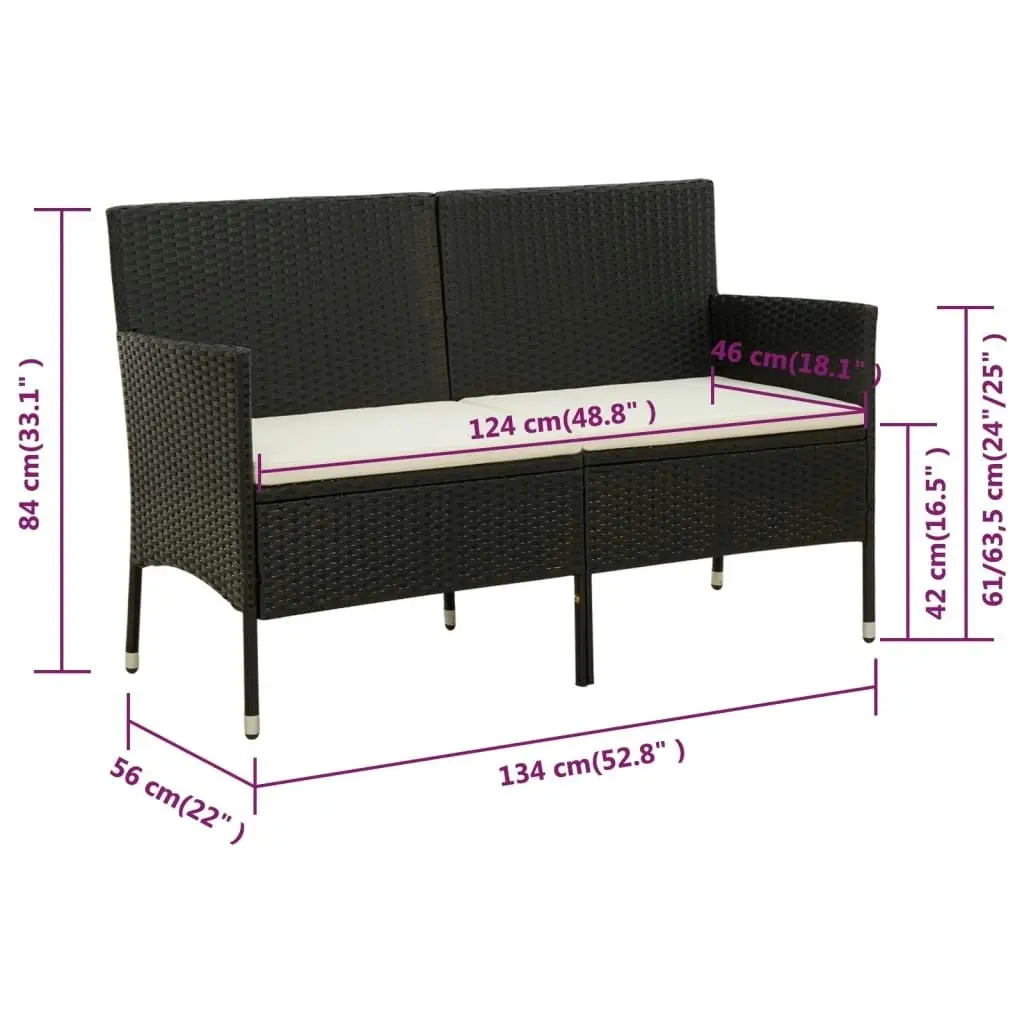 3-Seater Garden Sofa with Cushion Black Poly Rattan 318492