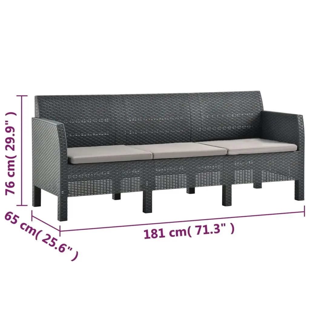 3-Seater Garden Sofa with Cushions Anthracite PP Rattan 3067232