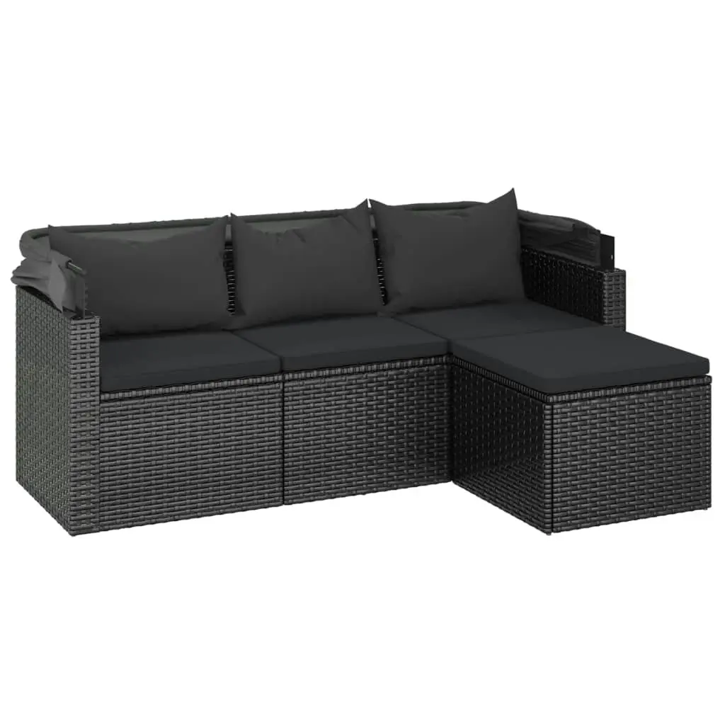 3-Seater Garden Sofa with Roof and Footstool Black Poly Rattan 362334