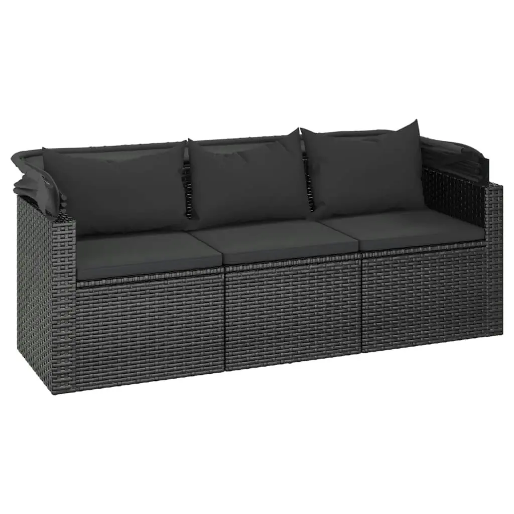 3-Seater Garden Sofa with Roof and Footstool Black Poly Rattan 362334