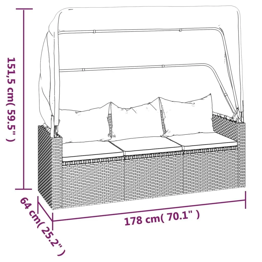 3-Seater Garden Sofa with Roof and Footstool Black Poly Rattan 362334