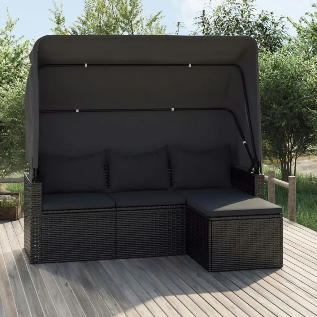 3-Seater Garden Sofa with Roof and Footstool Black Poly Rattan 362334