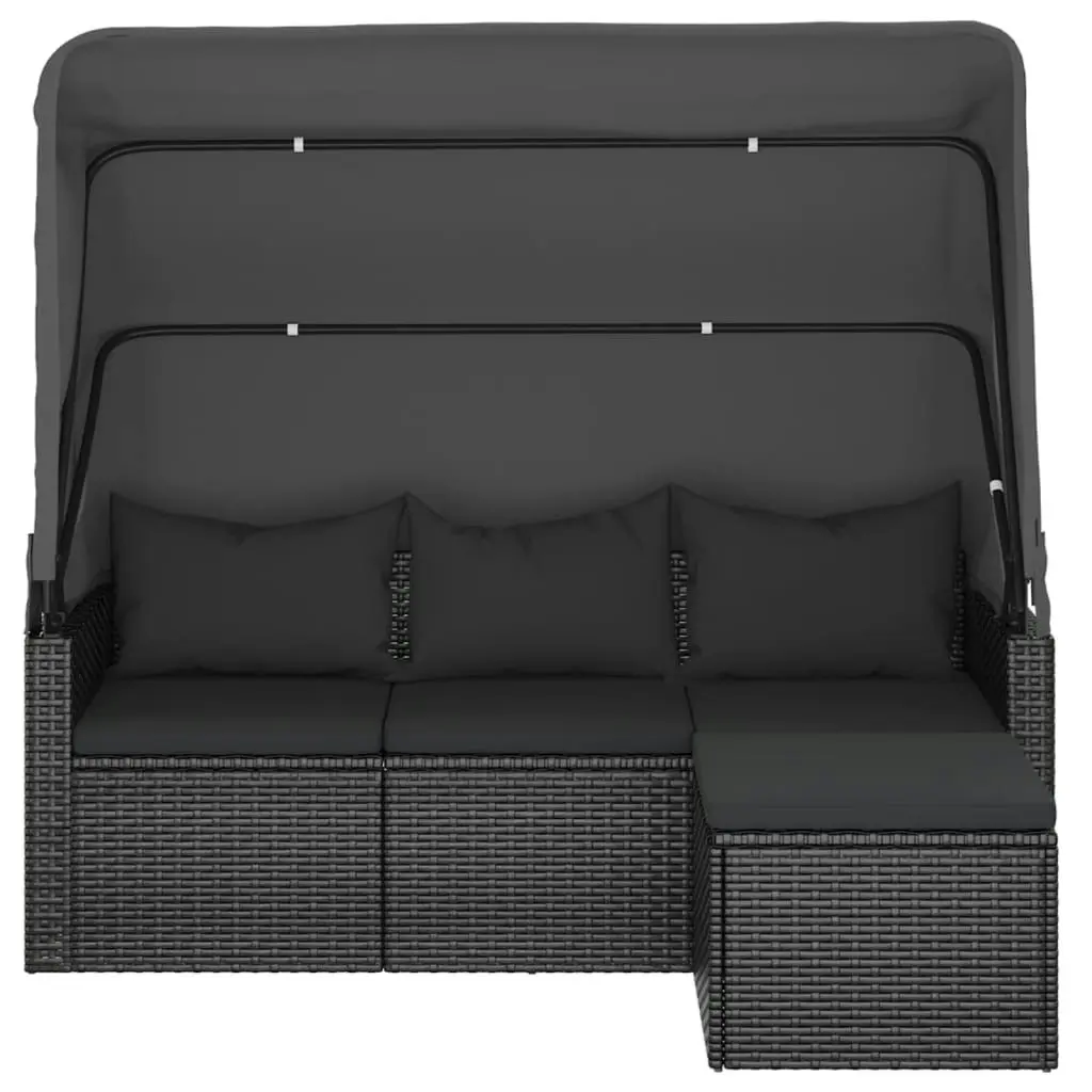 3-Seater Garden Sofa with Roof and Footstool Black Poly Rattan 362334