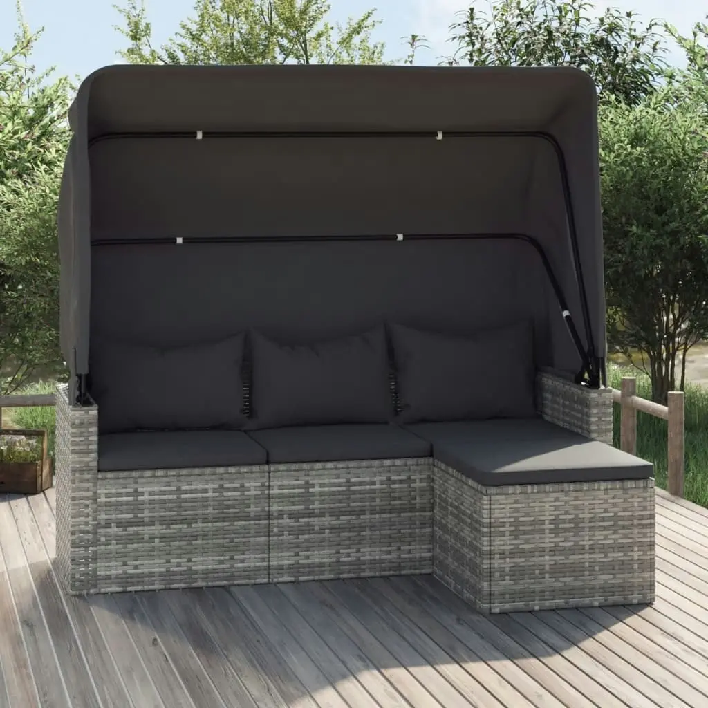 3-Seater Garden Sofa with Roof and Footstool Grey Poly Rattan 362335