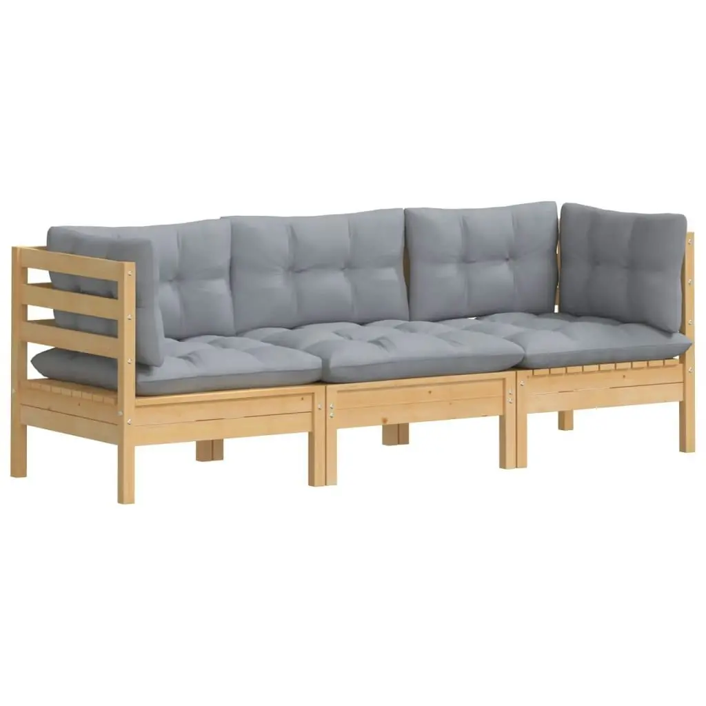 3-Seater Garden Sofa with Grey Cushions Solid Pinewood 3096099