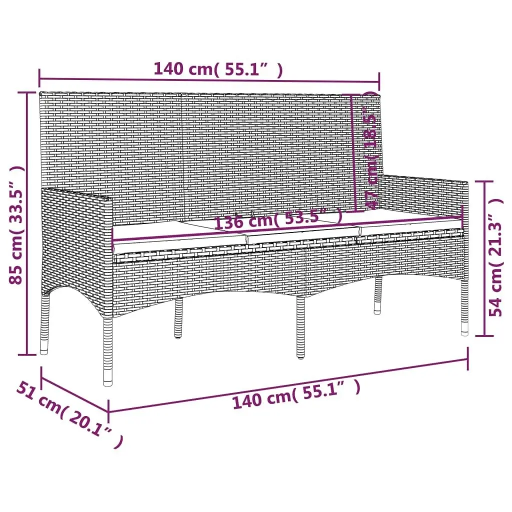 3-Seater Garden Bench with Cushions Black Poly Rattan 319494