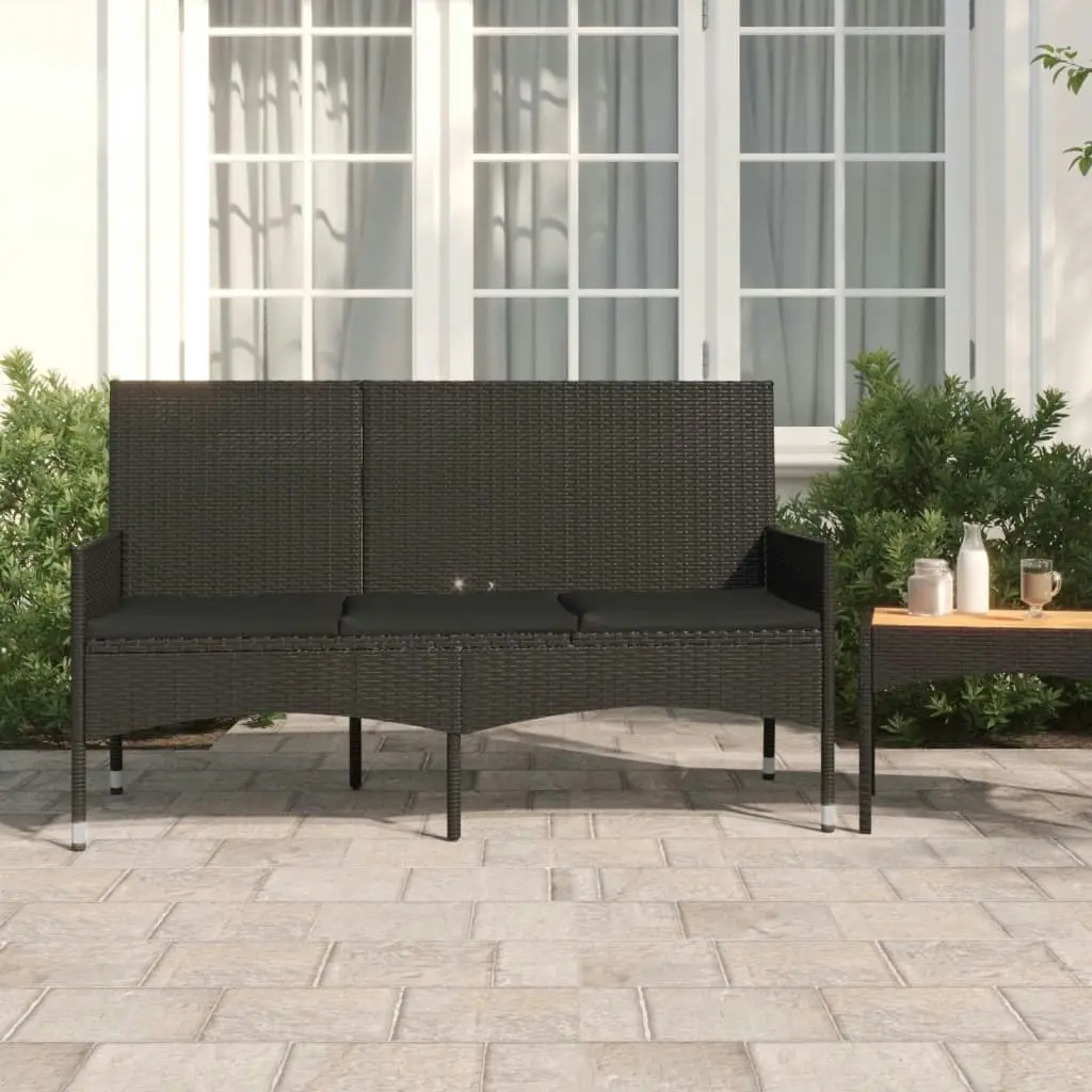 3-Seater Garden Bench with Cushions Black Poly Rattan 319494