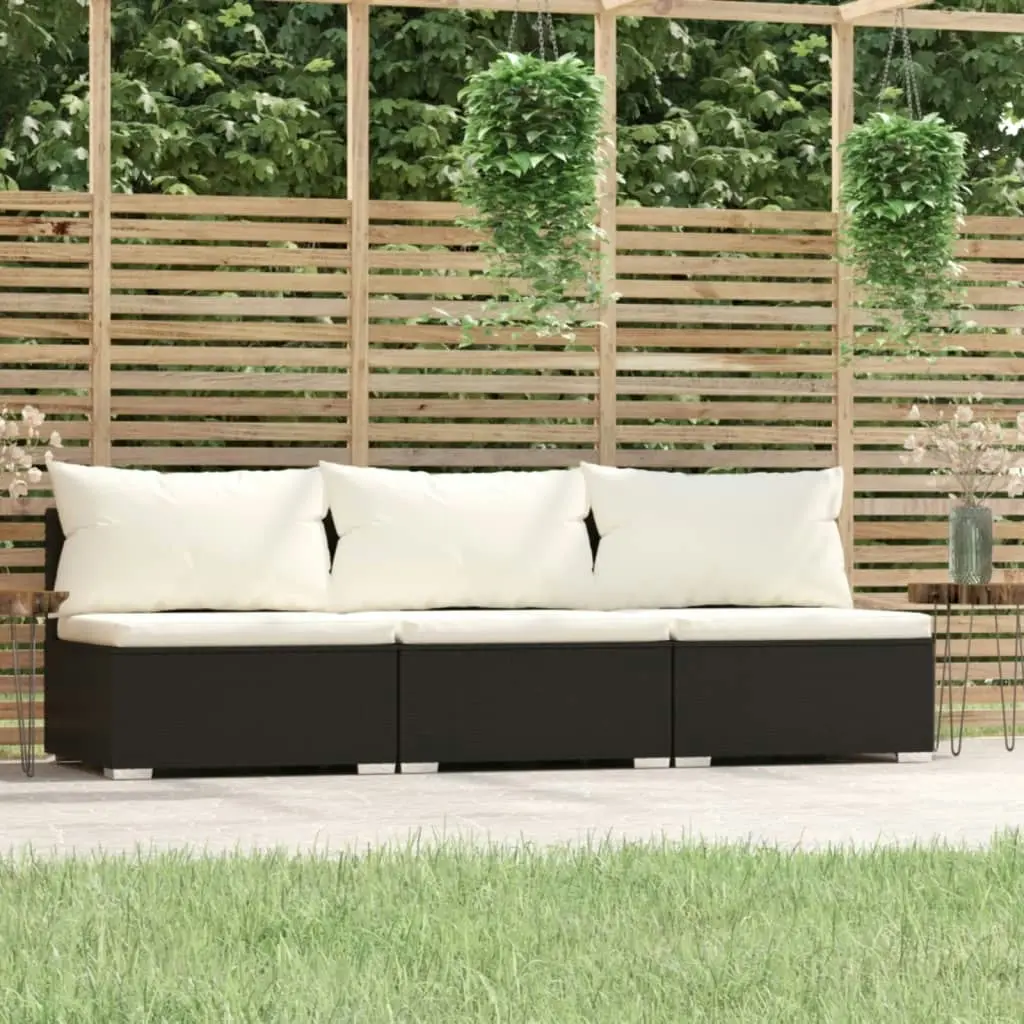 3-Seater Sofa with Cushions Black Poly Rattan 317495