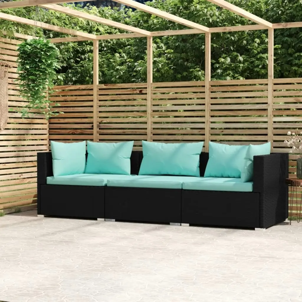 3-Seater Sofa with Cushions Black Poly Rattan 317533