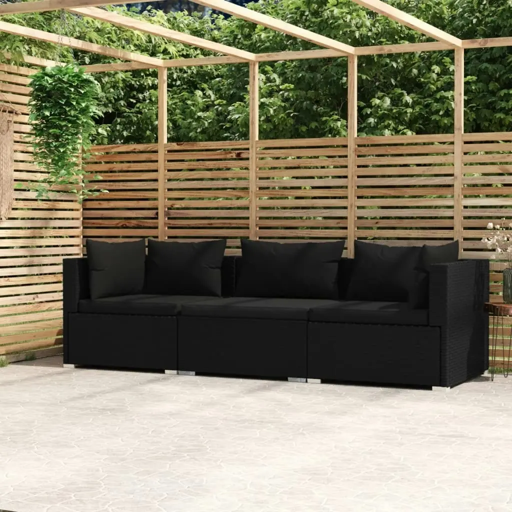 3-Seater Sofa with Cushions Black Poly Rattan 317522