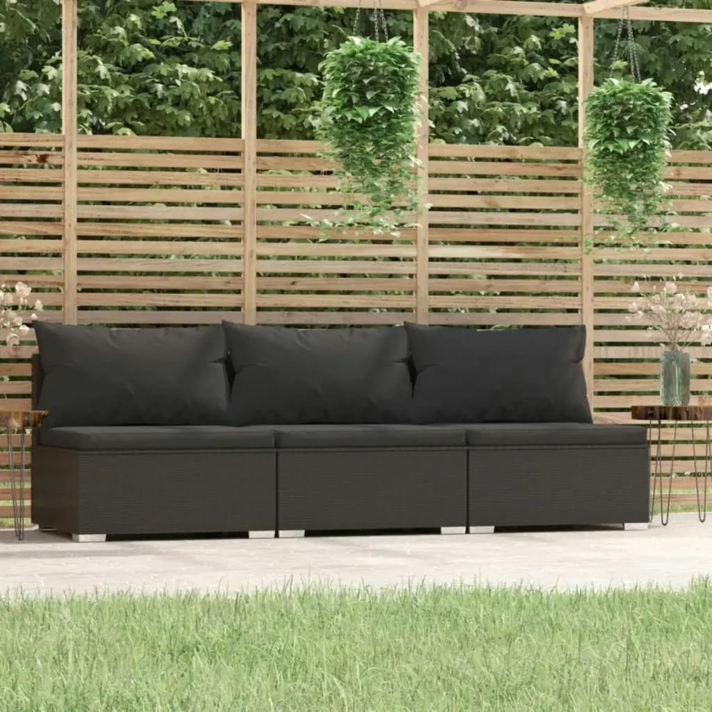 3-Seater Sofa with Cushions Black Poly Rattan 317528