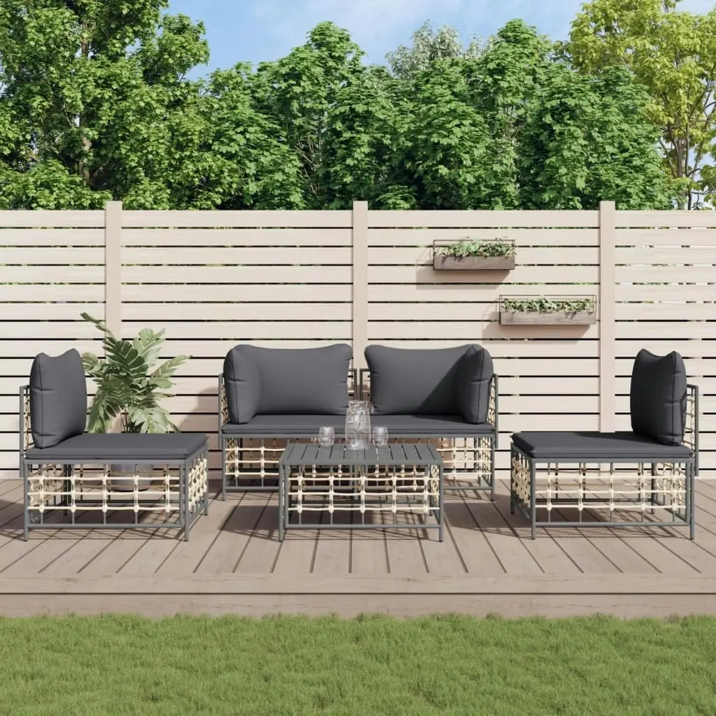 5 Piece Garden Lounge Set with Cushions Anthracite Poly Rattan 3186715