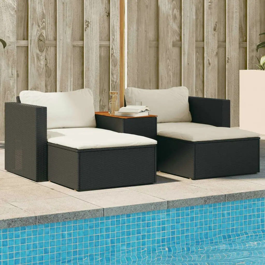 5 Piece Garden Sofa Set with Cushions Black Poly Rattan Acacia 365725