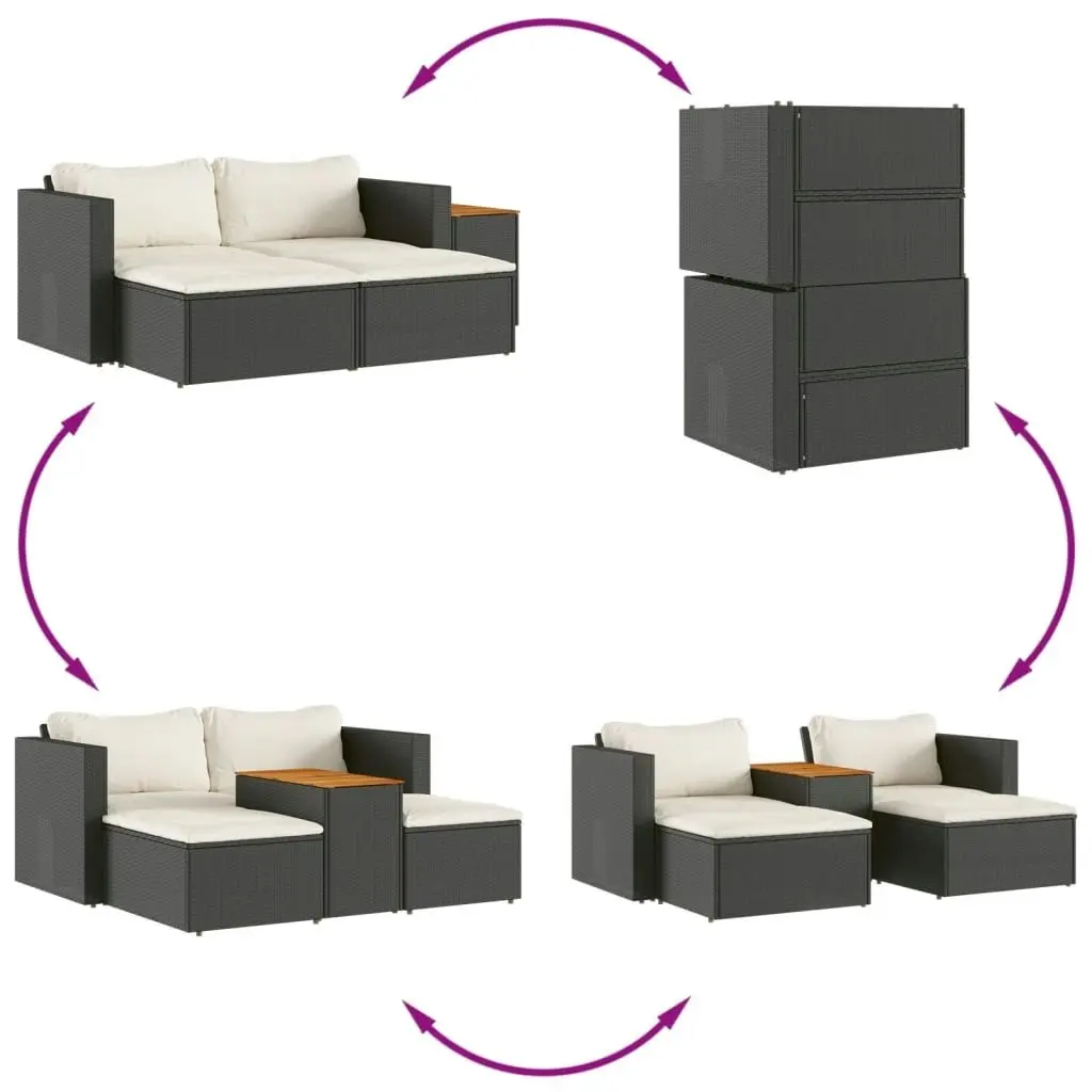 5 Piece Garden Sofa Set with Cushions Black Poly Rattan Acacia 365725