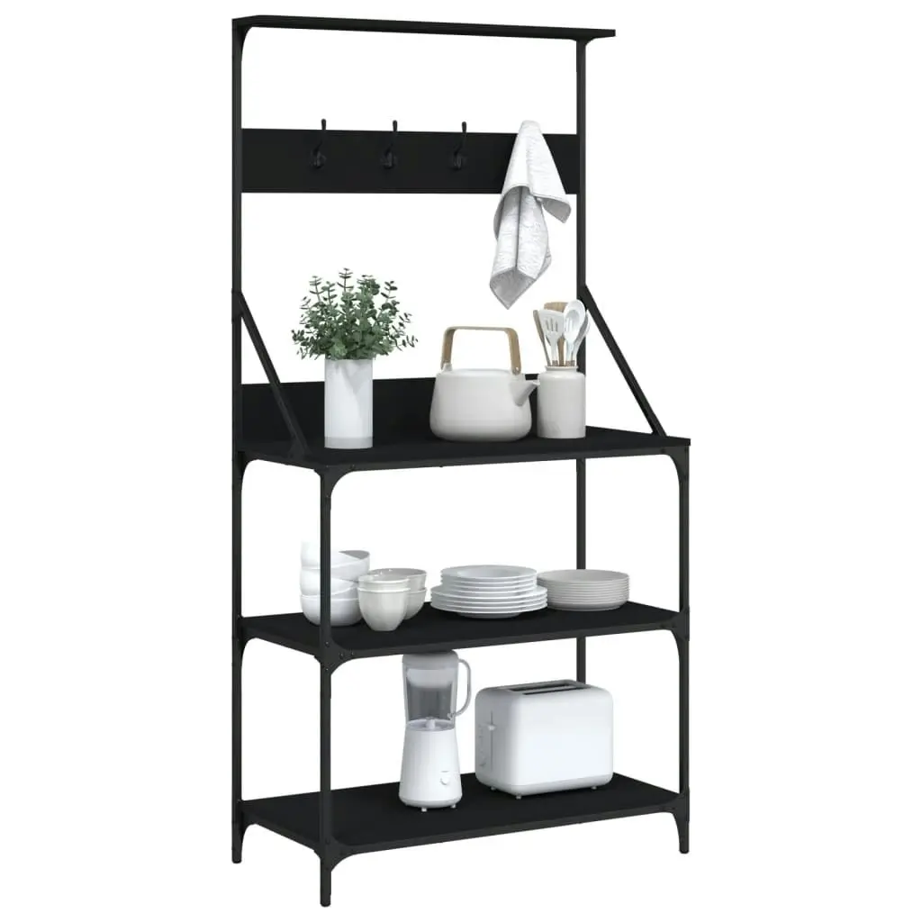 Baker's Rack with Hooks 4-Tier Black Engineered Wood 838958