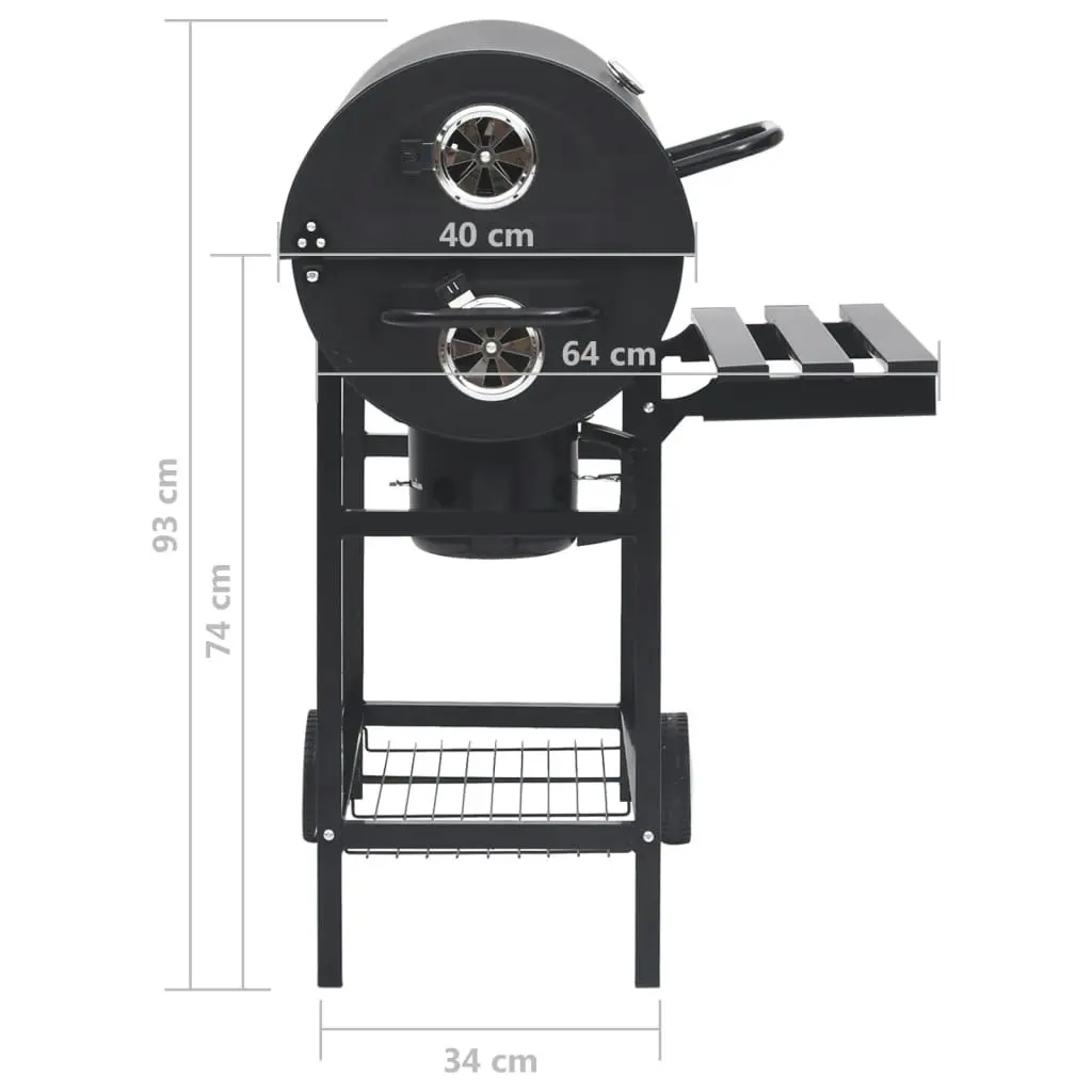 Barrel Grill with Wheels and Shelves Black Steel 115x85x95 cm 313636