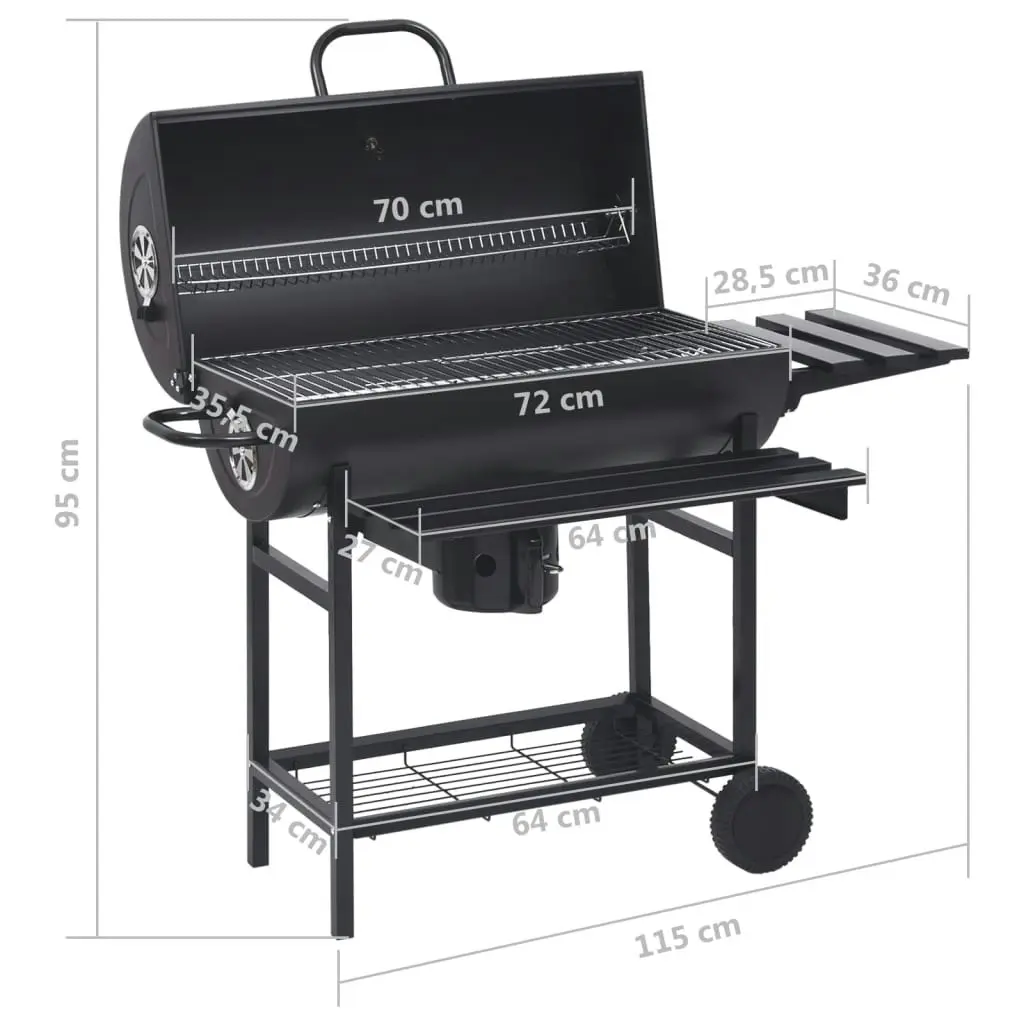 Barrel Grill with Wheels and Shelves Black Steel 115x85x95 cm 313636