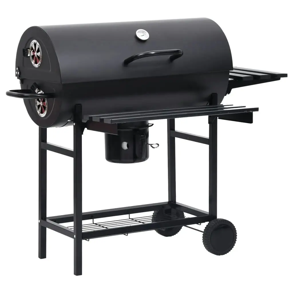 Barrel Grill with Wheels and Shelves Black Steel 115x85x95 cm 313636