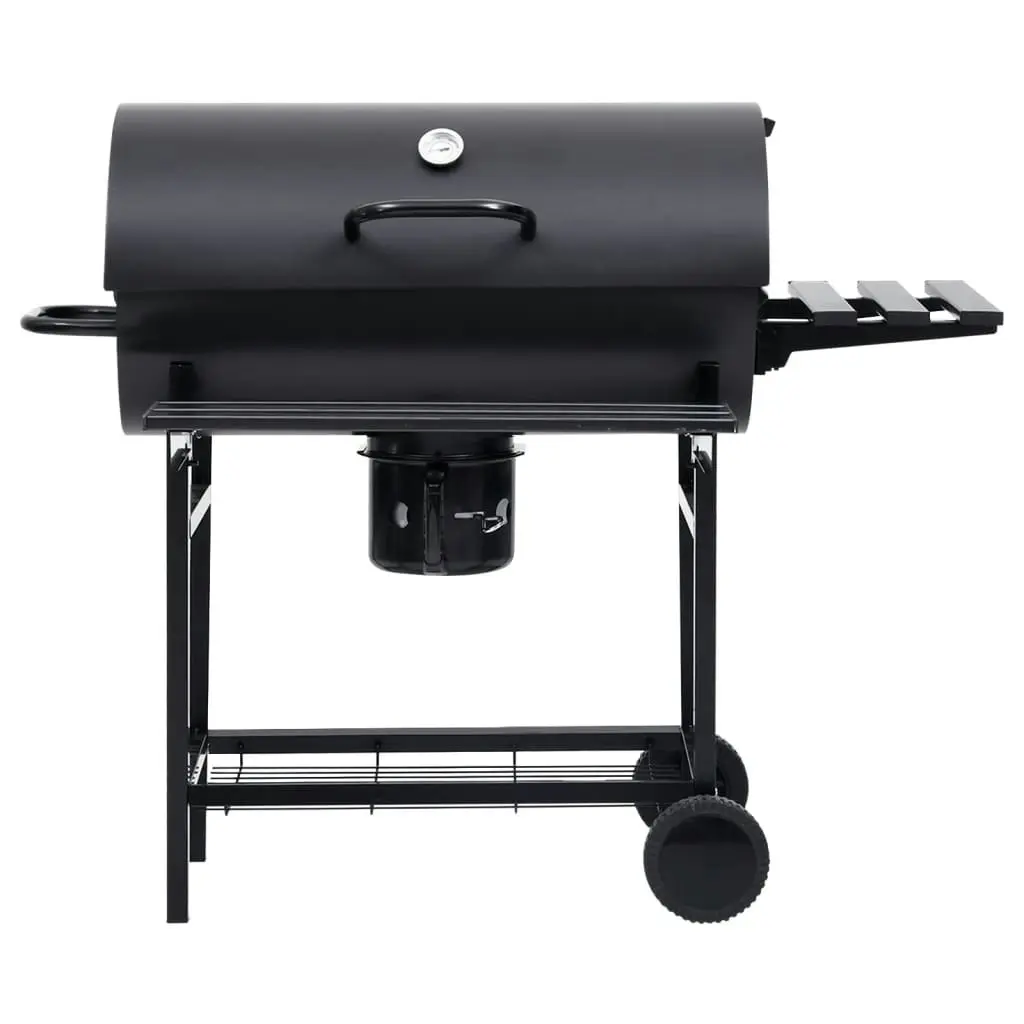 Barrel Grill with Wheels and Shelves Black Steel 115x85x95 cm 313636