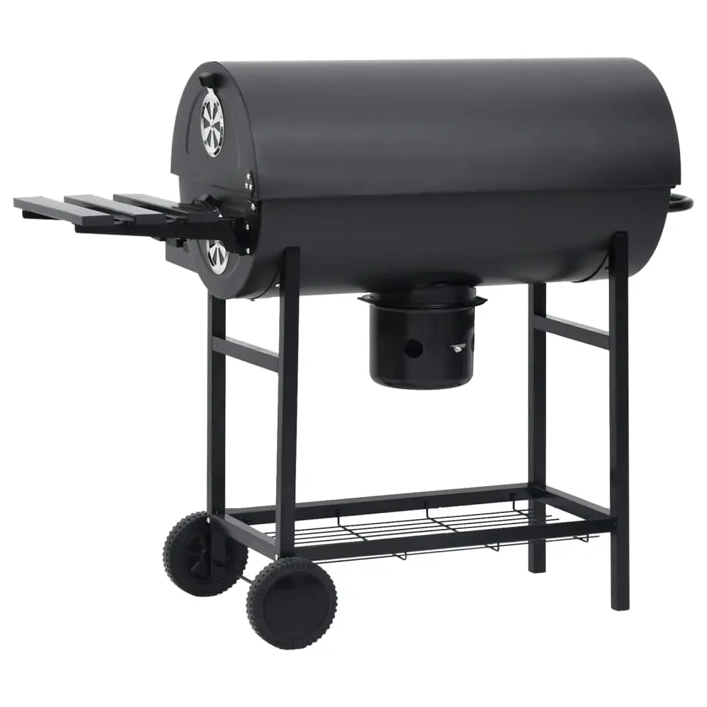 Barrel Grill with Wheels and Shelves Black Steel 115x85x95 cm 313636