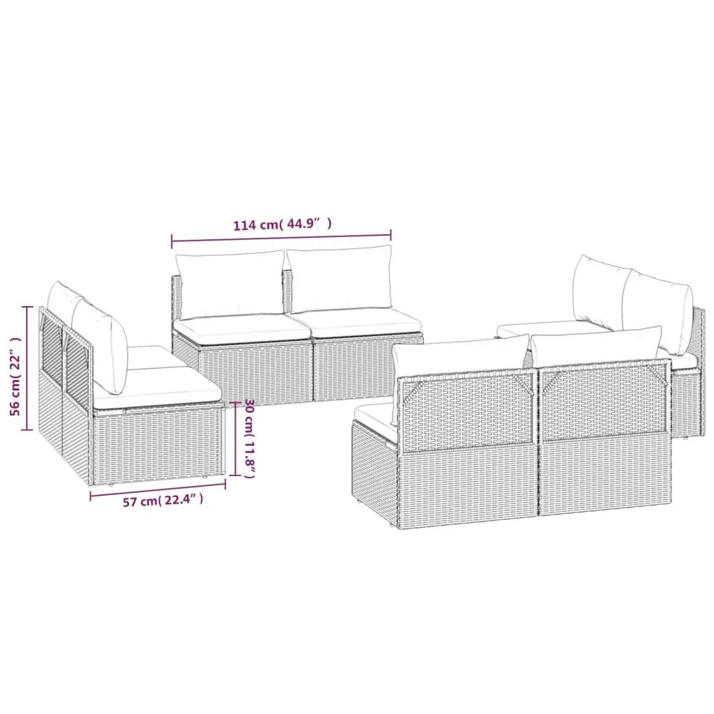 Garden Middle Sofas 8 pcs Grey 57x57x56 cm Poly Rattan 3157505