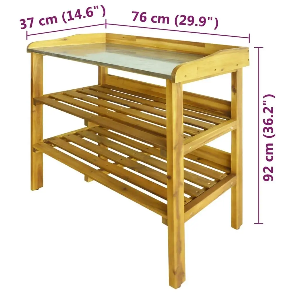 Potting Bench with 2 Shelves Solid Acacia Wood and Zinc 43795