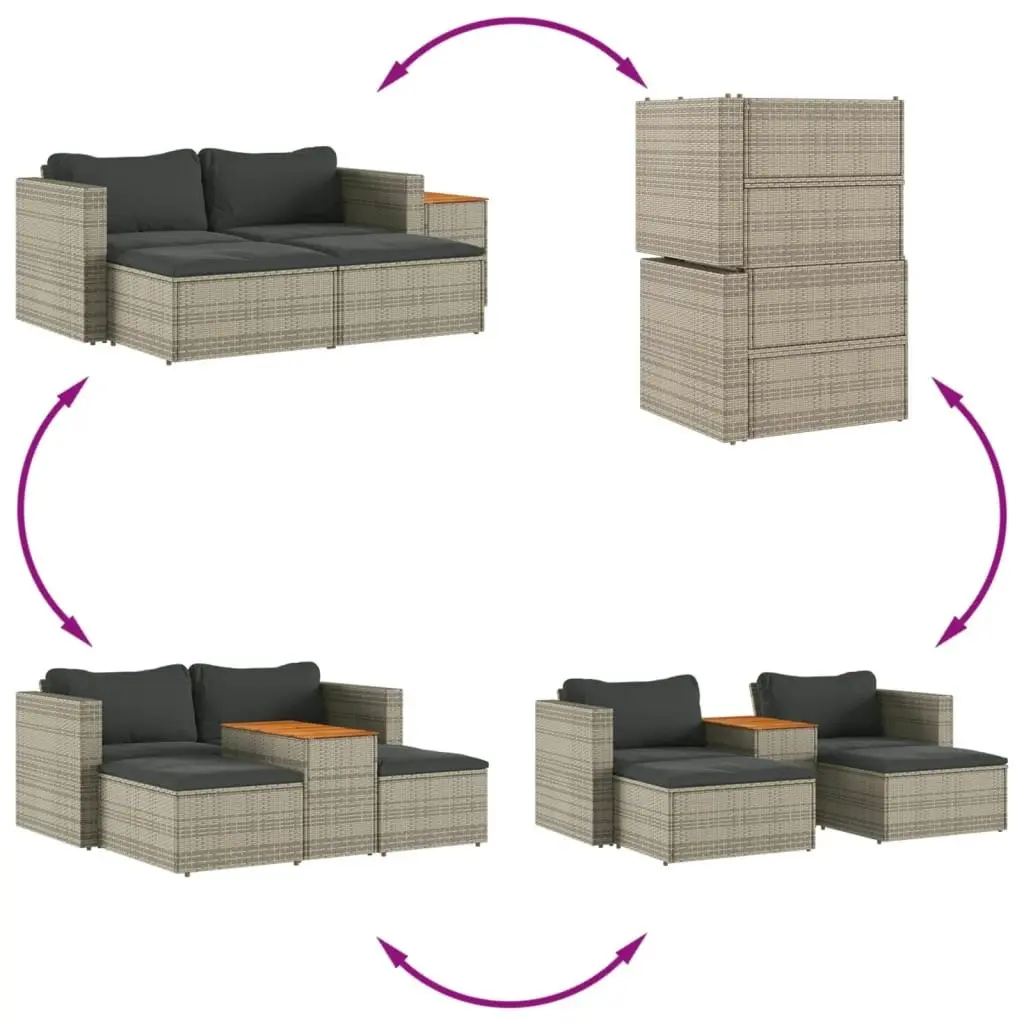 5 Piece Garden Sofa Set with Cushions Grey Poly Rattan Acacia 365726