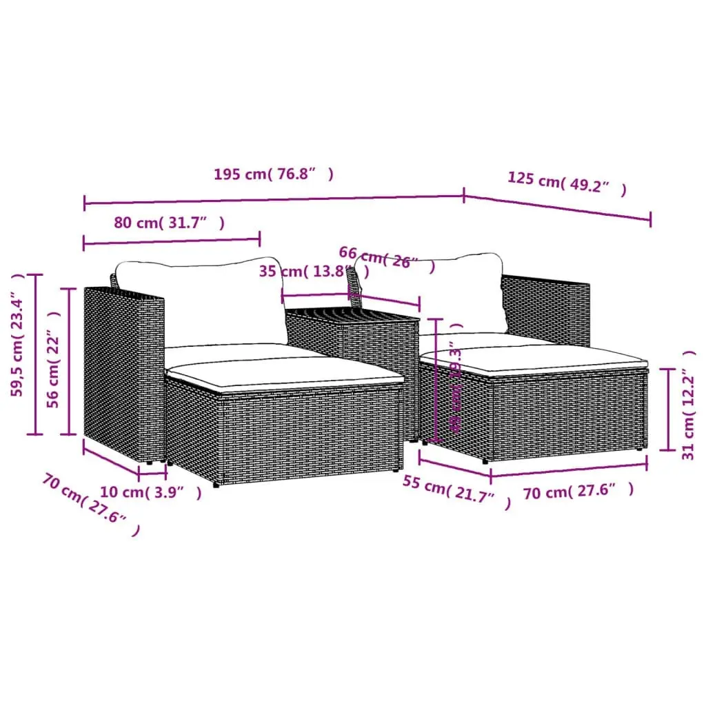 5 Piece Garden Sofa Set with Cushions Grey Poly Rattan Acacia 365726