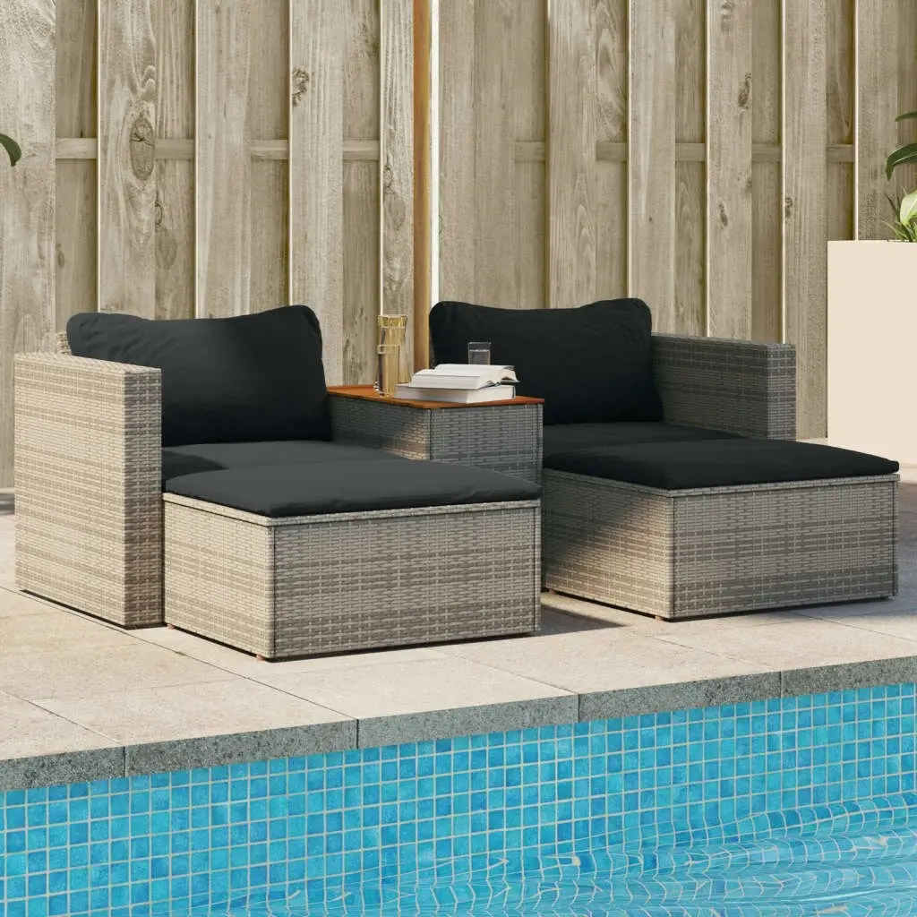 5 Piece Garden Sofa Set with Cushions Grey Poly Rattan Acacia 365726