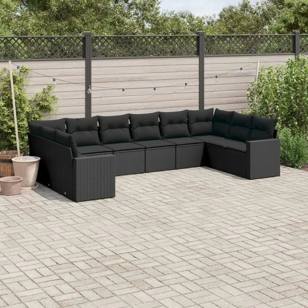 10 Piece Garden Sofa Set with Cushions Black Poly Rattan 3251802