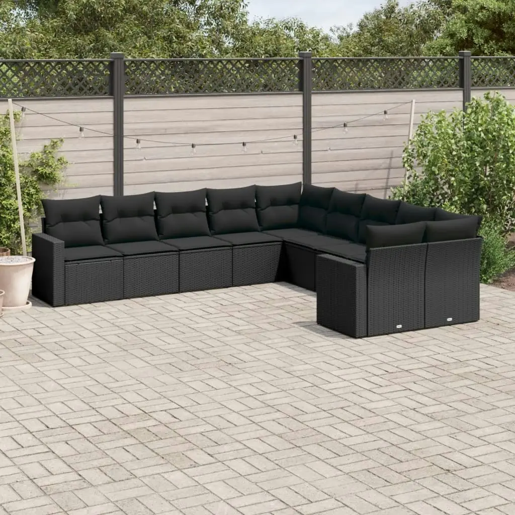 10 Piece Garden Sofa Set with Cushions Black Poly Rattan 3251842