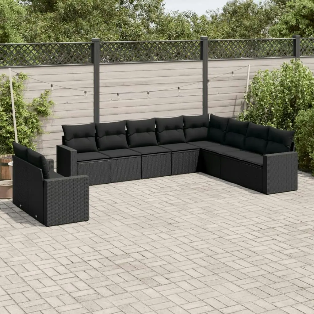 10 Piece Garden Sofa Set with Cushions Black Poly Rattan 3251502