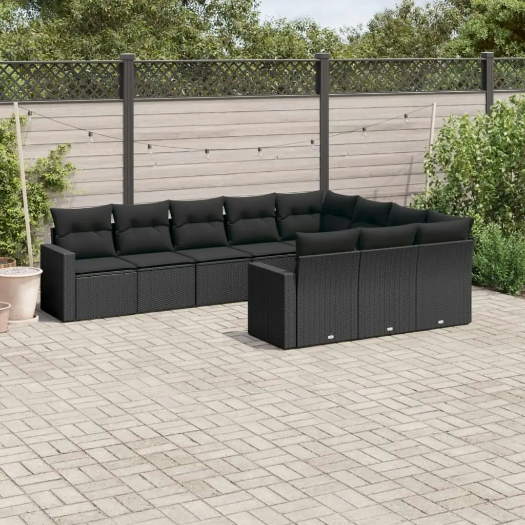 10 Piece Garden Sofa Set with Cushions Black Poly Rattan 3251822