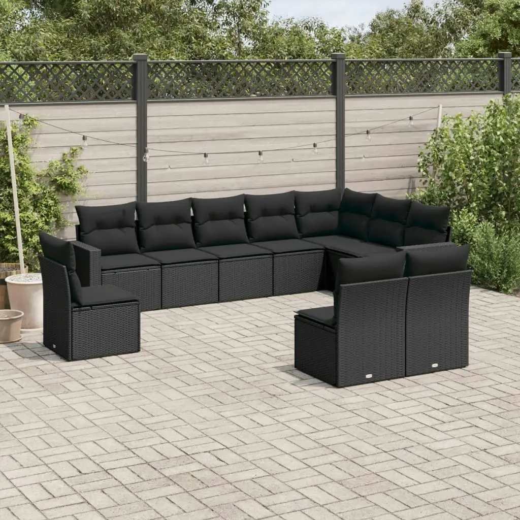 10 Piece Garden Sofa Set with Cushions Black Poly Rattan 3251442