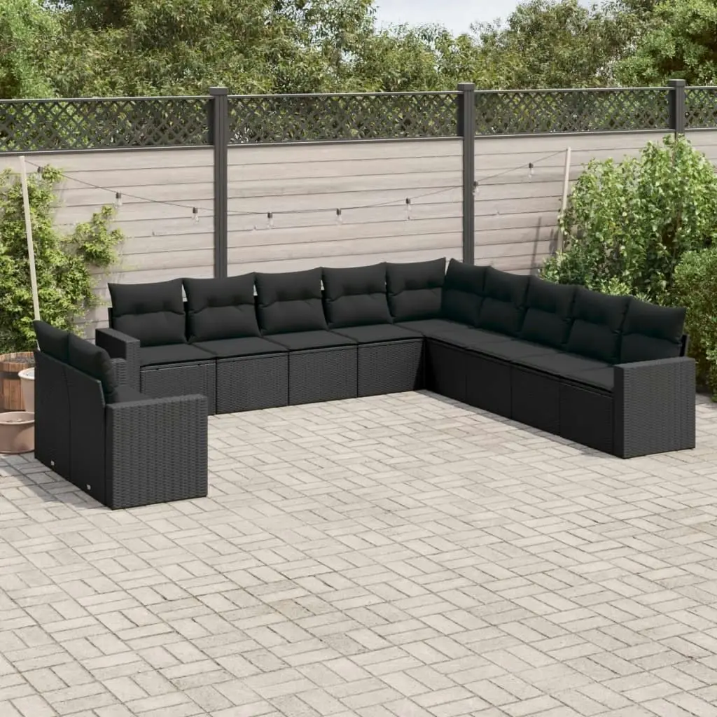 11 Piece Garden Sofa Set with Cushions Black Poly Rattan 3251522