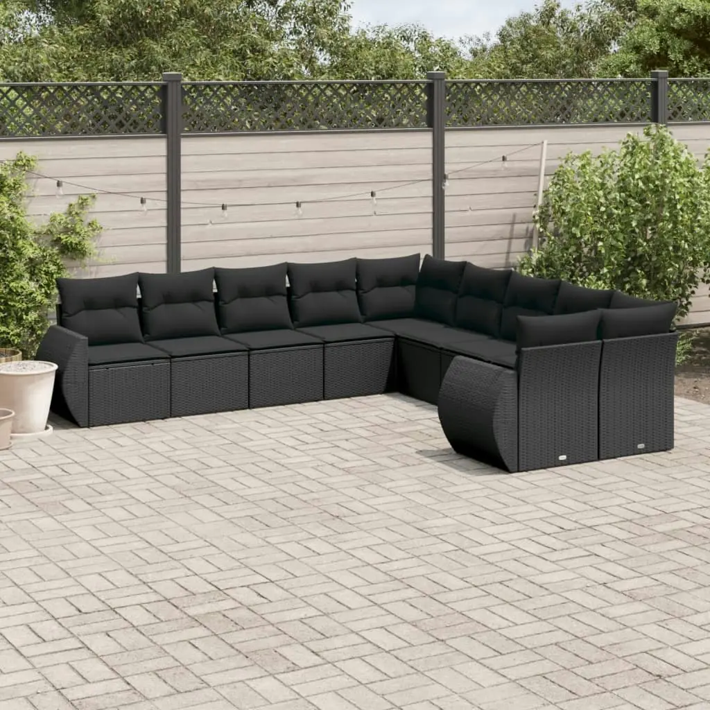 10 Piece Garden Sofa Set with Cushions Black Poly Rattan 3221904