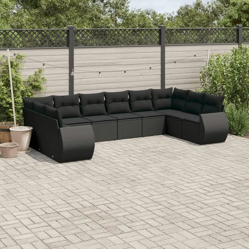 10 Piece Garden Sofa Set with Cushions Black Poly Rattan 3221864