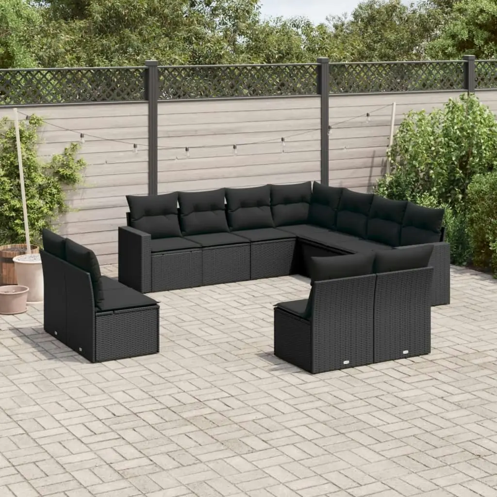 11 Piece Garden Sofa Set with Cushions Black Poly Rattan 3251462